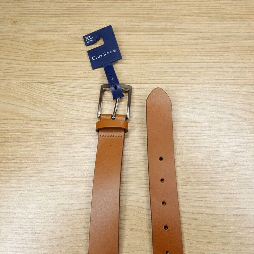 CLUB ROOM Belt Mens Size XL 42 44 Tan Faux Leather Silver Buckle Classic Dress